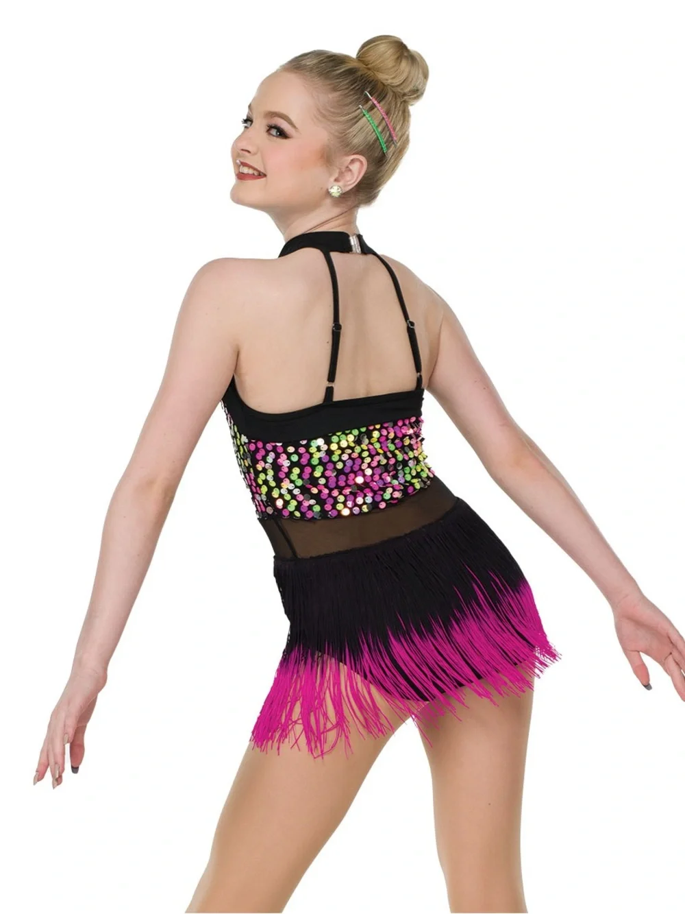 A Wish Come True Black Dance Costume with Neon Sequin Accents and Pink Fringe